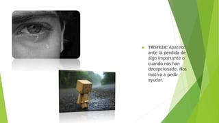 TRISTEZA: Aparece
ante la pérdida de
algo importante o
cuando nos han
decepcionado. Nos
motiva a pedir
ayudar.
 
