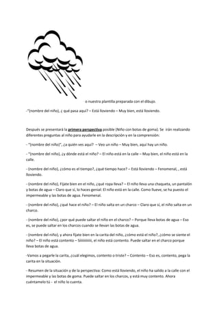 o nuestra plantilla preparada con el dibujo. 
-“(nombre del niño), ¿ qué pasa aquí? – Está lloviendo – Muy bien, está lloviendo. 
Después se presentará la primera perspectiva posible (Niño con botas de goma). Se irán realizando diferentes preguntas al niño para ayudarle en la descripción y en la comprensión: 
- “(nombre del niño)”, ¿a quién ves aquí? – Veo un niño – Muy bien, aquí hay un niño. 
- “(nombre del niño), ¿y dónde está el niño? – El niño está en la calle – Muy bien, el niño está en la calle. 
- (nombre del niño), ¿cómo es el tiempo?, ¿qué tiempo hace? – Está lloviendo – Fenomenal, , está lloviendo. 
- (nombre del niño), Fíjate bien en el niño, ¿qué ropa lleva? – El niño lleva una chaqueta, un pantalón y botas de agua – Claro que sí, lo haces genial: El niño está en la calle. Como llueve, se ha puesto el impermeable y las botas de agua. Fenomenal. 
- (nombre del niño), ¿qué hace el niño? – El niño salta en un charco – Claro que sí, el niño salta en un charco. 
- (nombre del niño), ¿por qué puede saltar el niño en el charco? – Porque lleva botas de agua – Eso es, se puede saltar en los charcos cuando se llevan las botas de agua. 
- (nombre del niño), y ahora fíjate bien en la carita del niño, ¿cómo está el niño?, ¿cómo se siente el niño? – El niño está contento – Síiiiiiiiiiiii, el niño está contento. Puede saltar en el charco porque lleva botas de agua. 
-Vamos a pegarle la carita, ¿cuál elegimos, contento o triste? – Contento – Eso es, contento, pega la carita en la situación. 
- Resumen de la situación y de la perspectiva: Como está lloviendo, el niño ha salido a la calle con el impermeable y las botas de goma. Puede saltar en los charcos, y está muy contento. Ahora cuéntamelo tú - el niño lo cuenta.  