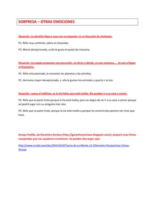 SORPRESA – OTRAS EMOCIONES 
Situación: La abuelita llega a casa con un paquete: es un bizcocho de cholotate. 
P1: Niño muy contento, adora el chocolate. 
P2: Mamá decepcionada, a ella le gusta el pastel de manzana. 
Situación: Los papás proponen una excursión, no dicen a dónde, es una sorpresa….. Se van y llegan al Planetario. 
P1. Niño entusiasmado, le encantan los planetas y las estrellas. 
P2. Hermana mayor decepcionada, a ella le gustan los animales y quería ir al zoo. 
Situación: suena el teléfono, es la tía Felisa que está malita. No pueden ir a su casa a comer. 
P1: Niña que se pone triste porque la tía está malita, pero se alegra de no ir a su casa a comer porque asi podrá jugar con su amiguita más rato. 
P2: Niño que se pone triste, porque la tía está malita y porque no comerá esos postres tan ricos que hace. 
Amaya Padilla, de Garachico Enclave (http://garachicoenclave.blogspot.com/), preparó unas fichas estupendas que nos ayudaron muchísimo. Se pueden descargar aquí. 
http://www.scribd.com/doc/26413654/Teoria-de-La-Mente-11-Diferentes-Perspectivas-Fichas- Amaya 
 