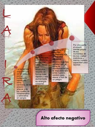 Siendo una
emoción
relacionada con
el impulso
agresivo
algunos expertos
señalan que la
ira es la
manifestación de
la respuesta que
emite nuestro
cerebro para
atacar o huir de
un peligro.
Por otra parte,
el estado
mental propio
de los
momentos de
ira nos vuelve
instintivos y
merma nuestra
capacidad para
razonar.
La ira es una
emoción que
se caracteriza
por un
incremento
rápido del
ritmo
cardíaco, de la
presión
arterial y de
los niveles de
noradrenalina
y adrenalina
en sangre.
Que la
persona que
siente ira se
enrojezca,
sude, tense
sus
músculos,
respire de
forma más
rápida y vea
aumentada
su energía
corporal.
 