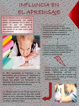 Con la influencia de la ira tendemos a
actuar impulsivamente, nos cuesta
pensar con claridad. Por lo tanto, el
grado en que los trastornos
emocionales puedan interferir en la
vida mental no es nada nuevo para
los profesores.
Los alumnos que se sienten
ansiosos, enfurecidos o deprimidos
no aprenden; están atrapada en esos
estados de ánimo no asimila la
información de manera eficaz ni la
maneja bien
Las emociones desagradables
poderosas (ira, ansiedad, tensión o
tristeza) desvían la atención hacia sus
propias ocupaciones interfiriendo el
intento de concentración
ocurre es que se paraliza la capacidad
mental cognitiva que los científicos
llaman “MEMORIA ACTIVA”, la
capacidad de retener en la mente toda
la información que atañe a la tarea que
estamos realizando.
Es fácil comprender la relevancia y las
implicaciones que la ira tiene si, atendiendo a
las funciones que cumple, valoramos los
riesgos que poseen una frecuencia o una
intensidad de la experiencia de ira que no se
ajuste a las condiciones del ambiente.
La memoria activa es una función ejecutiva por
excelencia en la vida mental, que hace posible
todos los otros esfuerzos intelectuales, desde
pronunciar una frase hasta de desempeñar una
compleja proposición lógica.
INFLUNCIA EN
EL APREDISAJE
 
