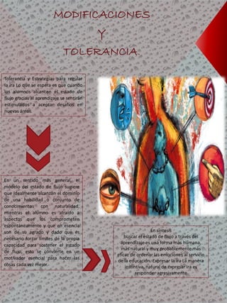 MODIFICACIONES
Y
TOLERANCIA.
Tolerancia y Estrategias para regular
la ira Lo que se espera es que cuando
los alumnos alcancen el estado de
flujo gracias al aprendizaje se sentirán
estimulados a aceptar desafíos en
nuevas áreas.
En un sentido más general, el
modelo del estado de flujo sugiere
que idealmente alcanzan el dominio
de una habilidad o conjunto de
conocimientos con naturalidad,
mientras el alumno es atraído a
aspectos que los comprometen
espontáneamente y que en esencia
son de su agrado y dado que es
necesario forzar límites de la propia
capacidad para sostener el estado
de flujo, esto se convierte en un
motivador esencial para hacer las
cosas cada vez mejor.
En síntesis
buscar el estado de flujo a través del
aprendizaje es una forma más humana,
más natural y muy probablemente más
eficaz de ordenar las emociones al servicio
de la educación. Expresar la ira La manera
instintiva, natural de expresar ira es
responder agresivamente
 