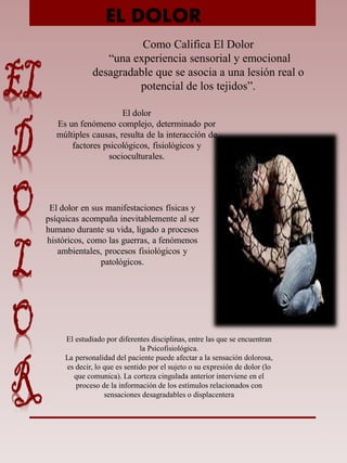 Como Califica El Dolor
“una experiencia sensorial y emocional
desagradable que se asocia a una lesión real o
potencial de los tejidos”.
El dolor en sus manifestaciones físicas y
psíquicas acompaña inevitablemente al ser
humano durante su vida, ligado a procesos
históricos, como las guerras, a fenómenos
ambientales, procesos fisiológicos y
patológicos.
El dolor
Es un fenómeno complejo, determinado por
múltiples causas, resulta de la interacción de
factores psicológicos, fisiológicos y
socioculturales.
El estudiado por diferentes disciplinas, entre las que se encuentran
la Psicofisiológica.
La personalidad del paciente puede afectar a la sensación dolorosa,
es decir, lo que es sentido por el sujeto o su expresión de dolor (lo
que comunica). La corteza cingulada anterior interviene en el
proceso de la información de los estímulos relacionados con
sensaciones desagradables o displacentera
EL DOLOR
 
