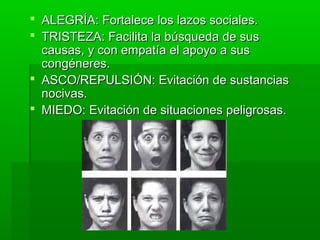  ALEGRÍA: Fortalece los lazos sociales.ALEGRÍA: Fortalece los lazos sociales.
 TRISTEZA: Facilita la búsqueda de susTRISTEZA: Facilita la búsqueda de sus
causas, y con empatía el apoyo a suscausas, y con empatía el apoyo a sus
congéneres.congéneres.
 ASCO/REPULSIÓN: Evitación de sustanciasASCO/REPULSIÓN: Evitación de sustancias
nocivas.nocivas.
 MIEDO: Evitación de situaciones peligrosas.MIEDO: Evitación de situaciones peligrosas.
 