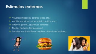 Estímulos externos
 Visuales (imágenes, colores, luces, etc.)
 Auditivos (sonidos, voces, música, ruidos, etc.,)
 Olfativos (olores), gustativos (sabores)
 Táctiles (texturas, temperaturas)
 Sociales (contacto físico, palabras, situaciones sociales)
 