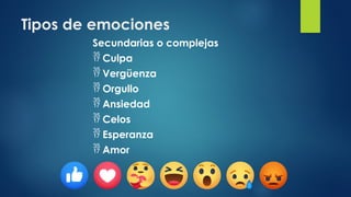 Tipos de emociones
Secundarias o complejas
 Culpa
 Vergüenza
 Orgullo
 Ansiedad
 Celos
 Esperanza
 Amor
 