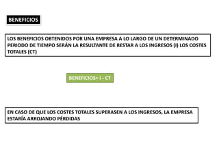 BENEFICIOS
LOS BENEFICIOS OBTENIDOS POR UNA EMPRESA A LO LARGO DE UN DETERMINADO
PERIODO DE TIEMPO SERÁN LA RESULTANTE DE RESTAR A LOS INGRESOS (I) LOS COSTES
TOTALES (CT)
BENEFICIOS= I - CT
EN CASO DE QUE LOS COSTES TOTALES SUPERASEN A LOS INGRESOS, LA EMPRESA
ESTARÍA ARROJANDO PÉRDIDAS
 