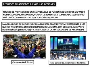 TÍTULOS DE PROPIEDAD DE UNA EMPRESA QUE SE PUEDEN ADQUIRIR POR UN VALOR
NOMINAL INICIAL, O COMPRAR/VENDER LIBREMENTE EN EL MERCADO SECUNDARIO
POR UN VALOR DIFERENTE AL QUE FUERON ADQUIRIDOS
RECURSOS FINANCIEROS AJENOS: LAS ACCIONES
LA ADQUISICIÓN DE ACCIONES DE UNA EMPRESA CONVIERTE INMEDIATAMENTE A LOS
NUEVOS ACCIONISTAS EN COPROPIETARIOS DE LA MISMA CON DERECHO AL REPARTO
DE DIVIDENDOS (BENEFICIOS) Y A PARTICIPAR EN LA JUNTA GENERAL DE ACCIONISTAS
Junta General de Accionistas de TelefónicaCorros en Wall Street
 