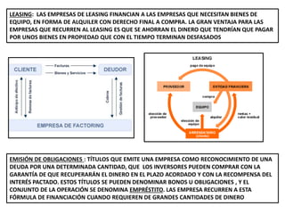 LEASING: LAS EMPRESAS DE LEASING FINANCIAN A LAS EMPRESAS QUE NECESITAN BIENES DE
EQUIPO, EN FORMA DE ALQUILER CON DERECHO FINAL A COMPRA. LA GRAN VENTAJA PARA LAS
EMPRESAS QUE RECURREN AL LEASING ES QUE SE AHORRAN EL DINERO QUE TENDRÍAN QUE PAGAR
POR UNOS BIENES EN PROPIEDAD QUE CON EL TIEMPO TERMINAN DESFASADOS
EMISIÓN DE OBLIGACIONES : TÍTULOS QUE EMITE UNA EMPRESA COMO RECONOCIMIENTO DE UNA
DEUDA POR UNA DETERMINADA CANTIDAD, QUE LOS INVERSORES PUEDEN COMPRAR CON LA
GARANTÍA DE QUE RECUPERARÁN EL DINERO EN EL PLAZO ACORDADO Y CON LA RECOMPENSA DEL
INTERÉS PACTADO. ESTOS TÍTULOS SE PUEDEN DENOMINAR BONOS U OBLIGACIONES , Y EL
CONJUNTO DE LA OPERACIÓN SE DENOMINA EMPRÉSTITO. LAS EMPRESA RECURREN A ESTA
FÓRMULA DE FINANCIACIÓN CUANDO REQUIEREN DE GRANDES CANTIDADES DE DINERO
 