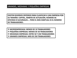 GRANDES, MEDIANAS Y PEQUEÑAS EMPRESAS
EXISTEN DIVERSOS CRITERIOS PARA CLASIFICAR A UNA EMPRESA POR
SU TAMAÑO: CAPITAL, ÁMBITO DE ACTUACIÓN, NÚMERO DE
OFICINAS O SUCURSALES…. PERO EL MÁS HABITUAL ES EL NÚMERO
DE TRABAJADORES .
 MICROEMPRESASA: MENOS DE 10 TRABAJADORES
 PEQUEÑAS EMPRESAS: MENOS DE 50 TRABAJADORES
 MEDIANAS EMPRESAS: ENTRE 50 Y 250 TRABAJADORES
 GRANDES EMPRESAS: MÁS DE 250 TRABAJADORES
 