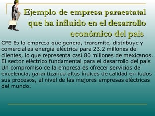 Ejemplo de empresa paraestatalEjemplo de empresa paraestatal
que ha influido en el desarrolloque ha influido en el desarrollo
económico del paíseconómico del país
.
CFE Es la empresa que genera, transmite, distribuye y
comercializa energía eléctrica para 23.2 millones de
clientes, lo que representa casi 80 millones de mexicanos.
El sector eléctrico fundamental para el desarrollo del país
Un compromiso de la empresa es ofrecer servicios de
excelencia, garantizando altos índices de calidad en todos
sus procesos, al nivel de las mejores empresas eléctricas
del mundo.
 