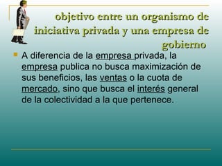 objetivo entre un organismo deobjetivo entre un organismo de
iniciativa privada y una empresa deiniciativa privada y una empresa de
gobiernogobierno
 A diferencia de la empresa privada, la
empresa publica no busca maximización de
sus beneficios, las ventas o la cuota de
mercado, sino que busca el interés general
de la colectividad a la que pertenece.
 
