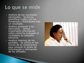    Análisis de los resultados
    electorales.- Se busca
    identificar cuáles son las
    fortalezas y debilidades tras
    un resultado.
   Análisis posterior a las
    elecciones.- Ofrece
    importante información
    sobre cómo ha evaluado el
    ciudadano la campaña
    electoral.
   Análisis internos de los
    partidos.- Se utiliza en los
    inicios de la competencia
    para conocer el grado de
    información y motivación
    de los afiliados.
 