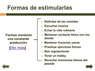 Formas de estimularlas

                     Disfrutar de las comidas
                     Escuchar música
                     Evitar la vida rutinaria
Formas mantener      Mantener contacto físico con los
 una constante        demás
  producción         Mantener ilusiones sanas
  (Ver más)          Practicar ejercicios físicos
                     Reír regularmente
                     Tener un hobby
                     Recordar momentos felices del
                      pasado
 