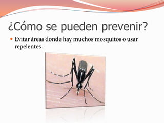 ¿Cómo se pueden prevenir?Evitar áreas donde hay muchos mosquitos o usar repelentes.