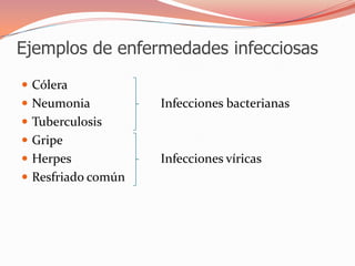 Ejemplos de enfermedades infecciosasCólera		Neumonia	Infecciones bacterianas	TuberculosisGripeHerpes	Infecciones víricas	Resfriado común