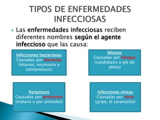    Las enfermedades infecciosas reciben
    diferentes nombres según el agente
    infeccioso que las causa:
            ...