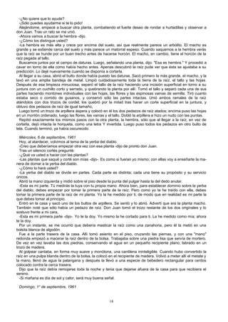 -¿No quiere que lo ayude?
-¡Sólo puedes ayudarme si te lo pido!
Alejándome, empecé a buscar otra planta, combatiendo el fuerte deseo de rondar a hurtadillas y observar a
don Juan. Tras un rato se me unió.
-Ahora vamos a buscar la hembra -dijo.
-¿Cómo los distingue usted?
-La hembra es más alta y crece por encima del suelo, así que realmente parece un arbolito. El macho es
grande y se extiende cerca del suelo y más parece un matorral espeso. Cuando saquemos a la hembra verás
que la raíz se hunde por un buen trecho antes de hacerse horcón. El macho, en cambio, tiene el horcón de la
raíz pegada al tallo.
Buscamos juntos por el campo de daturas. Luego, señalando una planta, dijo: "Esa es hembra." Y procedió a
cavar en torno de ella como había hecho antes. Apenas descubrió la raíz pude ver que ésta se ajustaba a su
predicción. Lo dejé nuevamente cuando se disponía a cortarla.
Al llegar a su casa, abrió el bulto donde había puesto las daturas. Sacó primero la más grande, el macho, y la
lavó en una amplia bandeja de metal. Limpió cuidadosamente toda la tierra de la raíz, el tallo y las hojas.
Después de esa limpieza minuciosa, separó el tallo de la raíz haciendo una incisión superficial en torno a su
juntura con un cuchillo corto y serrado, y quebrando la planta por allí. Tomó el tallo y separó cada una de sus
partes haciendo montones individuales con las hojas, las flores y las espinosas vainas de semilla. Tiró cuanto
estaba seco o comido de gusanos, y conservó sólo las partes intactas. Unió ambos ramales de la raíz
atándolos con dos trozos de cordel, los quebró por la mitad tras hacer un corte superficial en la juntura, y
obtuvo dos pedazos de raíz de igual tamaño,
Luego tomó un trozo de arpillera áspera y colocó en él los dos pedazos de raíz atados; encima puso las hojas
en un montón ordenado, luego las flores, las vainas y el tallo. Dobló la arpillera e hizo un nudo con las puntas.
Repitió exactamente los mismos pasos con la otra planta, la hembra, sólo que al llegar a la raíz, en vez de
cortarla, dejó intacta la horqueta, como una letra Y invertida. Luego puso todos los pedazos en otro bulto de
tela. Cuando terminó, ya había oscurecido.
Miércoles, 6 de septiembre, 1961
Hoy, al atardecer, volvimos al tema de la yerba del diablo.
-Creo que deberíamos empezar otra vez con esa planta -dijo de pronto don Juan.
Tras un silencio cortés pregunté:
-¿Qué va usted a hacer con las plantas?
-Las plantas que saqué y corté son mías -dijo-. Es como si fueran yo mismo; con ellas voy a enseñarte la ma-
nera de domar a la yerba del diablo.
-¿Cómo lo hará usted?
-La yerba del diablo se divide en partes. Cada parte es distinta; cada una tiene su propósito y su servicio
únicos.
Abrió la mano izquierda y midió sobre el piso desde la punta del pulgar hasta la del dedo anular.
-Esta es mi parte. Tú medirás la tuya con tu propia mano. Ahora bien, para establecer dominio sobre la yerba
del diablo, debes empezar por tomar la primera parte de la raíz. Pero como yo te he traído con ella, debes
tomar la primera parte de la raíz de mi planta. Yo la he medido por ti, de modo que en realidad es mi parte la
que debes tomar al principio.
Entró en la casa y sacó uno de los bultos de arpillera. Se sentó y lo abrió. Advertí que era la planta macho.
También noté que sólo había un pedazo de raíz. Don Juan tomó el trozo restante de los dos originales y lo
sostuvo frente a mi cara,
-Esta es mi primera parte -dijo-. Yo te la doy. Yo mismo la he cortado para ti. La he medido como mía; ahora
te la doy.
Por un instante, se me ocurrió que debería masticar la raíz como una zanahoria, pero él la metió en una
bolsita blanca de algodón.
Fue a la parte trasera de la casa. Allí tomó asiento en el piso, cruzando las piernas, y con una "mano"
redonda empezó a macerar la raíz dentro de la bolsa. Trabajaba sobre una piedra lisa que servía de mortero.
De vez en vez lavaba las dos piedras, conservando el agua en un pequeño recipiente plano, labrado en un
trozo de madera.
Al golpear cantaba, en forma muy suave y monótona, una cantilena ininteligible. Cuando hubo convertido la
raíz en una pulpa blanda dentro de la bolsa, la colocó en el recipiente de madera. Volvió a meter allí el metate y
la mano, llenó de agua la palangana y después la llevó a una especie de bebedero rectangular para cerdos
colocado contra la cerca trasera.
Dijo que la raíz debía remojarse toda la noche y tenia que dejarse afuera de la casa para que recibiera el
sereno.
-Si mañana es día de sol y calor, será muy buena señal.
Domingo, 1° de septiembre, 1961
18
 