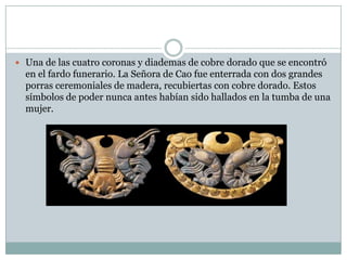  Una de las cuatro coronas y diademas de cobre dorado que se encontró

en el fardo funerario. La Señora de Cao fue enterrada con dos grandes
porras ceremoniales de madera, recubiertas con cobre dorado. Estos
símbolos de poder nunca antes habían sido hallados en la tumba de una
mujer.

 