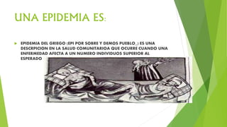 UNA EPIDEMIA ES:
 EPIDEMIA DEL GRIEGO (EPI POR SOBRE Y DEMOS PUEBLO_) ES UNA
DESCRPICION EN LA SALUD COMUNITARIOA QUE OCURRE CUANDO UNA
ENFERMEDAD AFECTA A UN NUMERO INDIVIDUOS SUPERIOR AL
ESPERADO
 