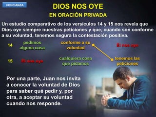 DIOS NOS OYECONFIANZAEN ORACIÓN PRIVADAUn estudio comparativo de los versículos 14 y 15 nos revela que Dios oye siempre nuestras peticiones y que, cuando son conforme a su voluntad, tenemos segura la contestación positiva.pedimos alguna cosaconforme a su voluntadÉl nos oye14cualquiera cosa que pidamostenemos las peticionesÉl nos oye15Por una parte, Juan nos invita a conocer la voluntad de Dios para saber qué pedir y, por otra, a aceptar su voluntad cuando nos responde.
