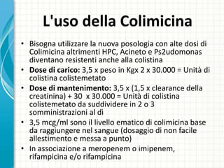 L'uso della Colimicina
• Bisogna utilizzare la nuova posologia con alte dosi di
Colimicina altrimenti HPC, Acineto e Ps2udomonas
diventano resistenti anche alla colistina
• Dose di carico: 3,5 x peso in Kgx 2 x 30.000 = Unità di
colistina colistemetato
• Dose di mantenimento: 3,5 x (1,5 x clearance della
creatinina) + 30 x 30.000 = Unità di colistina
colistemetato da suddividere in 2 o 3
somministrazioni al dì
• 3,5 mcg/ml sono il livello ematico di colimicina base
da raggiungere nel sangue (dosaggio di non facile
allestimento e messa a punto)
• In associazione a meropenem o imipenem,
rifampicina e/o rifampicina
 