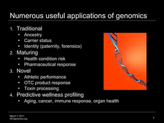 Numerous useful applications of genomics <ul><li>Traditional </li></ul><ul><ul><li>Ancestry </li></ul></ul><ul><ul><li>Car...