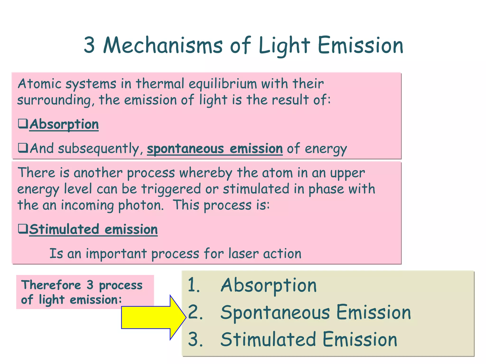 3 Mechanisms of Light Emission
Atomic systems in thermal equilibrium with their
surrounding, the emission of light is the result of:
Absorption
And subsequently, spontaneous emission of energy
There is another process whereby the atom in an upper
energy level can be triggered or stimulated in phase with
the an incoming photon. This process is:
Stimulated emission
Is an important process for laser action
Therefore 3 process
of light emission:

1. Absorption
2. Spontaneous Emission
3. Stimulated Emission

 