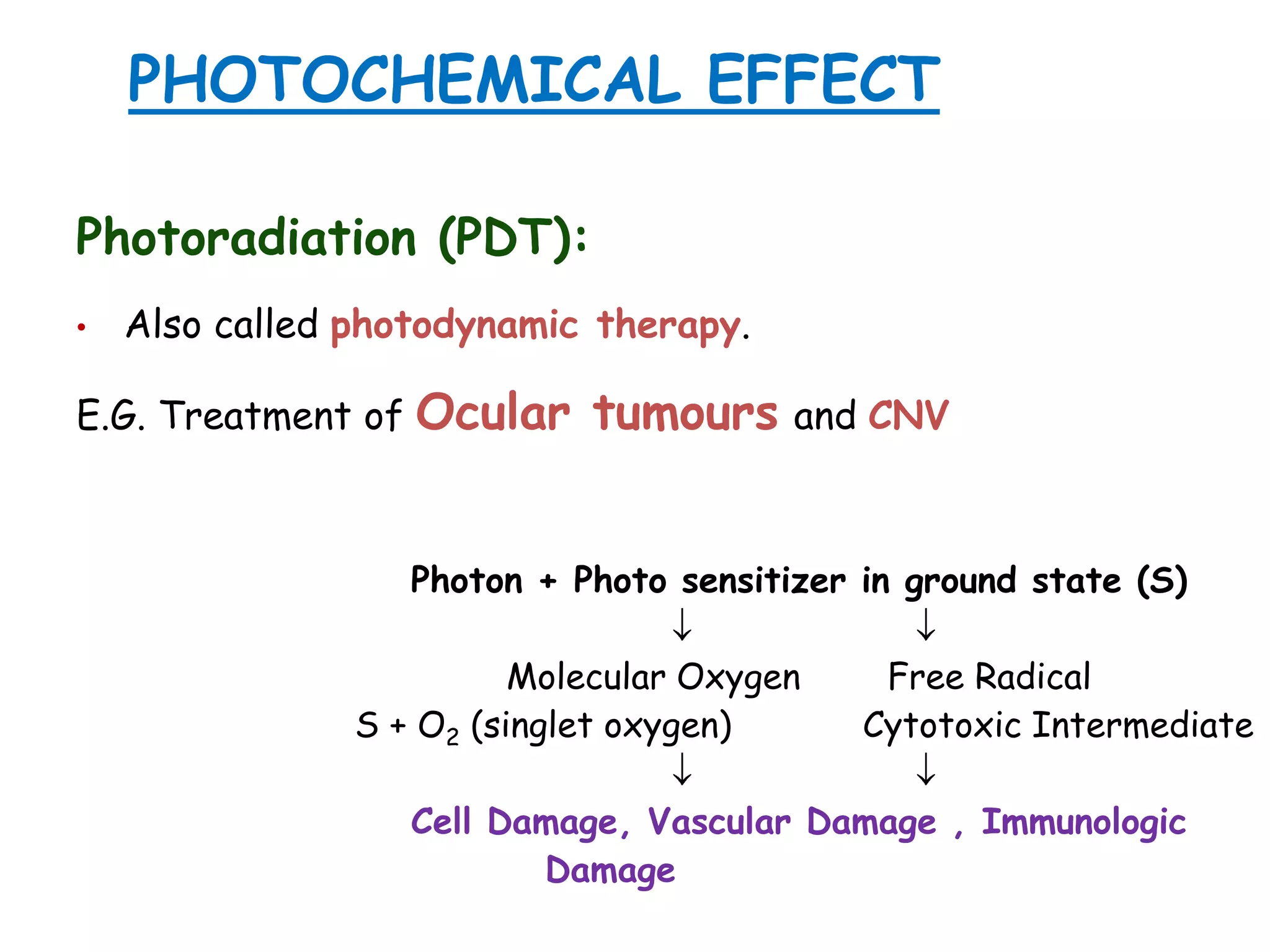 PHOTOCHEMICAL EFFECT
Photoradiation (PDT):
•

Also called photodynamic therapy.

E.G. Treatment of

Ocular tumours

and CNV

Photon + Photo sensitizer in ground state (S)
Molecular Oxygen
S + O2 (singlet oxygen)

Free Radical
Cytotoxic Intermediate

Cell Damage, Vascular Damage , Immunologic
Damage

 