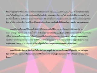 โครงสร้างของเลเซอร์ไดโอด ได้แก่ หัวต่อพีเอ็นแบบเฮตเตอโรจังชั่น (Heterojunction) เช่น GaAlAs/GaAs ทาให้ประสิทธิภาพของ
เลเซอร์ไดโอดมีค่าสูงขึ้น เพราะใช้กระแสที่เลเซอร์ไดโอดเริ่มทางานน้อยลง การฉีดกระแสไฟฟ้าผ่านหัวต่อพีเอ็นของเลเซอร์ไดโอด
เป็นวิธีการปั๊มพลังงาน เพือให้เกิดการรวมตัวของพาหะนาไฟฟ้าในสารกึ่งตัวนาและนามาสู่การเปล่งแสงแสงที่เปล่งออกมาจะถูกขยาย
่
สัญญาณให้มความเข้มสูงขึ้น ด้วยแควิตี้แสงที่เกิดจากผิวมันสะท้อนแสงของผิวผลึกที่ทาให้แตกโดยธรรมชาติ (Cleavaged Surface)
ี
เลเซอร์ไดโอดเป็นเลเซอร์ที่มีขนาดเล็กจิ๋วกินไฟน้อย สามารถผลิตได้จานวนมากๆ ด้วยเทคโนโลยีด้านสารกึ่งตัวนา
เลเซอร์ไดโอดถูก ใช้งานอย่างกว้างขวางตั้งแต่การใช้เป็นเลเซอร์พอยนท์เตอร์ (Laser Pointer) ใช้ในการสื่อสารผ่านเส้นใยแก้วนาแสง
ใช้เป็นหัวอ่านของเครื่องคอมแพคดิสก์ เครื่องวิดีโอเลเซอร์ดิสก์ และเครื่องถ่ายเอกสารประเภทเลเซอร์ พริ้นเตอร์ (Laser Printer)
คณะวิศวกรรมศาสตร์ จุฬาลงกรณ์มหาวิทยาลัย ได้ศึกษาวิจัยการสร้างเลเซอร์ไดโอดด้วยเทคโนโลยีด้านการปลูกผลึกจากของเหลว
(Liquid Phase Epitaxy : LPE) และเทคโนโลยีการปลูกผลึกด้วยลาโมเลกุล (Molecular Beam Epitaxy : MBE)
เลเซอร์ไดโอดมีกาลังแสงต่าตังแต่ระดับไมโครวัตต์ (mw) จนสูงถึงวัตต์ (W) และเป็นเลเซอร์ที่มีจุดเด่นคือ สามารถโมดูเลต
้
สัญญาณได้โดยตรง โดยผ่านเข้าไปทางด้านกระแสไฟฟ้าที่ฉดผ่านตัวสิ่งประดิษฐ์ จึงสะดวกต่อการใช้งานโดยเฉพาะการสื่อสารทาง
ี
ด้านแสง

 