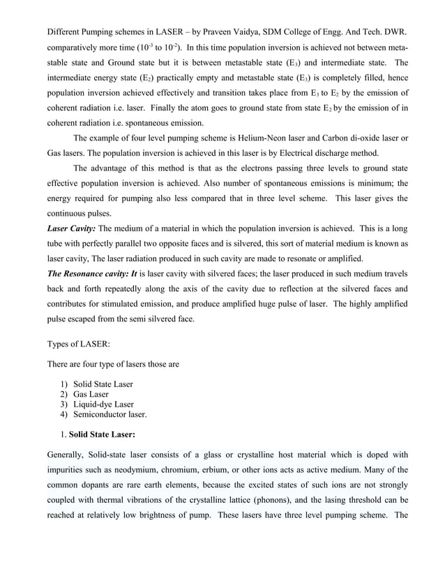 Laser, Pumping schemes, types of lasers and applications PDF