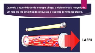 Quando a quantidade de energia chega a determinada magnitude,
um raio de luz amplificada atravessa o espelho semitransparente.
LASER
 
