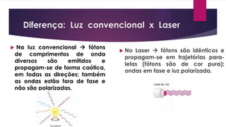 Diferença: Luz convencional x Laser
 No Laser  fótons são idênticos e
propagam-se em trajetórias para-
lelas (fótons são de cor pura);
ondas em fase e luz polarizada.
 Na luz convencional  fótons
de comprimentos de onda
diversos são emitidos e
propagam-se de forma caótica,
em todas as direções; também
as ondas estão fora de fase e
não são polarizadas.
 