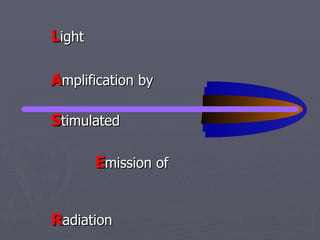 L
Light
ight
A
Amplification by
mplification by
S
Stimulated
timulated
E
Emission of
mission of
R
Radiation
adiation
 