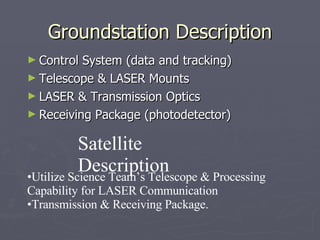 Groundstation Description Control System (data and tracking) Telescope & LASER Mounts LASER & Transmission Optics Receiving Package (photodetector) Utilize Science Team’s Telescope & Processing  Capability for LASER Communication Transmission & Receiving Package. Satellite Description 