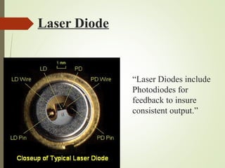 Laser Diode 
“Laser Diodes include 
Photodiodes for 
feedback to insure 
consistent output.” 
 