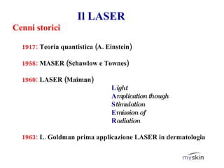 Il LASER Cenni storici 1917:   Teoria quantistica (A. Einstein) 1958:   MASER (Schawlow e Townes)   1960:   LASER (Maiman) L ight A mplication though S timulation E mission   of R adiation 1963:   L. Goldman prima applicazione LASER in dermatologia 