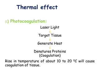 Thermal effect
(1) Photocoagulation:
Laser Light

Target Tissue

Generate Heat

Denatures Proteins
(Coagulation)
Rise in temperature of about 10 to 20 0C will cause
coagulation of tissue.
 