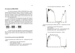 19
Os óculos da IBRAMED
Os óculos de proteção LASER da IBRAMED foram especi-
almente desenvolvidos para oferecer o máximo de proteção. A arma-
ção é de material resistente a choques mecânicos, proporcionando a-
inda ótima ventilação e conforto. A durabilidade destes óculos é bas-
tante longa. Tomando simples medidas como já descritas neste capí-
tulo, estes óculos duram anos.
O LASERPULSE é um equipamento de classe 3B. Portanto é
necessário o uso de óculos de proteção. O LASERPULSE possibilita
aplicação de LASER de comprimento de ondas 660nm, 830nm ou
904nm. Sendo assim, a IBRAMED possui óculos de proteção classe
3B para cada comprimento de onda. No corpo da caneta laser que vo-
cê estiver aplicando existe um adesivo com o comprimento de onda
do LASER
– ou ou
O óculos deverão estar adequados às características da caneta
que você estiver usando. Não utilize estes óculos com finalidade di-
ferente da aqui descrita, como por exemplo, para sair aos finais de
semana.
Características gerais dos óculos IBRAMED:
- Óculos de proteção para LASER classe 3B – comprimento de onda
660nm
- comprimento de onda: 660 nanometros
- lentes espelhadas azuladas
- transmissão da luz visível (vlt) – aproximadamente 60%
- densidade óptica (OD) – aproximadamente 1.9
20
Curva de espectro de transmissão – 660nm:
- Óculos de proteção para LASER classe 3B – comprimento de onda
830nm
- comprimento de onda: 830 nanometros
- lentes azuladas
- transmissão da luz visível (vlt) – aproximadamente 60%
- densidade óptica (OD) – aproximadamente 5.0
Curva de espectro de transmissão – 830nm:
 