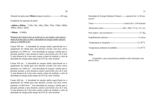 50
Duração do pulso para 904nm (tempo do pulso)----------------60 nseg
Freqüência de repetição do pulso:
- 660nm e 830nm: - 2,5Hz, 5Hz, 10Hz, 20Hz, 75Hz, 150Hz, 300Hz,
700Hz, 1KHz e 2KHz.
- 904nm: - 9.500Hz
Distancia da Caneta Laser ao tecido alvo a ser tratado e área aproxi-
mada do ponto para se obter a densidade de energia média especifi-
cada no LASERPULSE:
Caneta 904 nm – A densidade de energia média especificada no e-
quipamento foi obtida para uma abertura circular com área corres-
pondente a 0,13090 cm 2
. Esta densidade de energia é obtida para a-
plicação pontual a uma distancia caneta Laser/tecido alvo de 4 mm.
A uma distancia de 4 mm entre caneta e plano de medição o valor de
densidade de energia pode atingir até 63% do valor nominal.
Caneta 830 nm – A densidade de energia média especificada no e-
quipamento foi obtida para uma abertura circular com área corres-
pondente a 0,11600 cm 2
. Esta densidade de energia é obtida para a-
plicação pontual a uma distancia caneta Laser/tecido alvo de 4 mm.
A uma distancia de 4 mm entre caneta e plano de medição o valor de
densidade de energia pode atingir até 63% do valor nominal.
Caneta 660 nm – A densidade de energia média especificada no e-
quipamento foi obtida para uma abertura circular com área corres-
pondente a 0,06310cm 2
. Esta densidade de energia é obtida para a-
plicação pontual a uma distancia caneta Laser/tecido alvo de 4 mm.
A uma distancia de 4 mm entre caneta e plano de medição o valor de
densidade de energia pode atingir até 63% do valor nominal.
51
Densidade de Energia Radiante Pontual--------ajustável de 1 a 20 jou-
les/cm2
Timer:--------------------------------------------variável de 1 a 60 minutos
Dimensões (mm):----------------------------360 x 300x 115 (L x P x A)
Peso (aprox. sem acessórios):----------------------------------------2,7 Kg
Empilhamento máximo:---------------------------------------------5 caixas
Temperatura p/ transporte:----------------------------------------5 a 50 0
C
Temperatura ambiente de trabalho:------------------------------5 a 45 0
C
Nota:
O aparelho e suas características poderão sofrer alterações sem
prévio aviso.
 