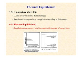 Thermal Equilibrium
 At temperature above 0K,
• Atoms alway have some thermal energy;
• Distributed among available energy levels according to their energy.
At Thermal Equilibrium;
Population at each energy level decreases with increase of energy level,
 