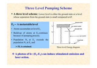 Three Level Pumping Scheme
Three level Energy diagram
 A three level scheme; Lower level is either the ground state or a level
whose separation from the ground state is small compared to kT.
E2 – A metastablelevel
• Atoms accumulate at level E2
• Build-up of atoms at E2 continues
because of pumping process.
• Population N2 at E2 exceeds the
population N1 at E1 and
P.I. is attained.
 A photon of h (E2-E1) can induce stimulated emission and
laser action.
 