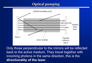 Optical pumping

Only those perpendicular to the mirrors will be reflected
back to the active medium, They travel together with
incoming photons in the same direction, this is the
directionality of the laser.

 