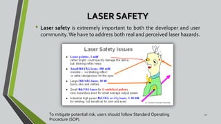 LASER SAFETY
• Laser safety is extremely important to both the developer and user
community.We have to address both real and perceived laser hazards.
19
To mitigate potential risk, users should follow Standard Operating
Procedure (SOP).
 