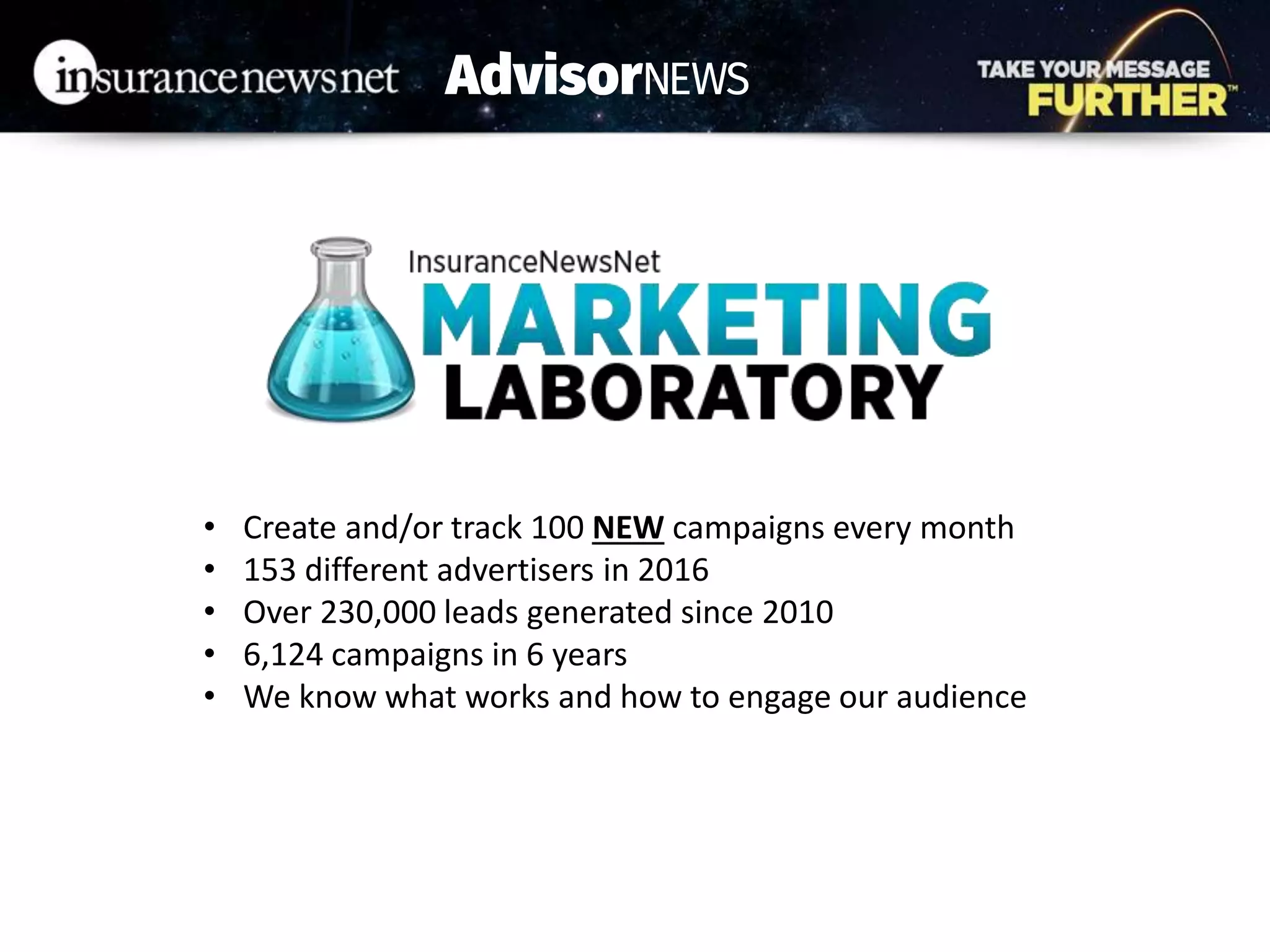 • Create and/or track 100 NEW campaigns every month
• 153 different advertisers in 2016
• Over 230,000 leads generated since 2010
• 6,124 campaigns in 6 years
• We know what works and how to engage our audience
 
