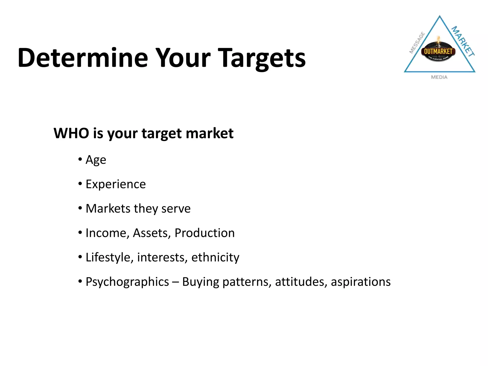 WHO is your target market
• Age
• Experience
• Markets they serve
• Income, Assets, Production
• Lifestyle, interests, ethnicity
• Psychographics – Buying patterns, attitudes, aspirations
What’s Working Online Unbeatable Strategies for DI Marketing & Sales
Determine Your Targets
 