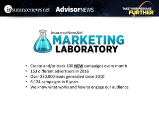 • Create and/or track 100 NEW campaigns every month
• 153 different advertisers in 2016
• Over 230,000 leads generated since 2010
• 6,124 campaigns in 6 years
• We know what works and how to engage our audience
 