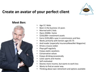 Meet Ben:
• Age 57, Male
• Been in the business 12 years
• Married with 2 kids
• Owns $500k+ home
• $250,000+ investment assets
• Earns $195,000 a year in commissions and fees
• Works primarily with Seniors ages 65-75
• Avid reader (especially InsuranceNewsNet Magazine)
• Drives a luxury sedan
• Plays golf regularly
• Enjoys exotic vacations
• Conservative values
• Enjoys drinking occasionally
• Loves sports and movies
• Self-motivated
• Desires more income, but wants to work less
• Wants to find an easier way
• Thinking about own retirement and options available
Create an avatar of your perfect client
 