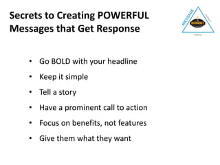 • Go BOLD with your headline
• Keep it simple
• Tell a story
• Have a prominent call to action
• Focus on benefits, not features
• Give them what they want
Secrets to Creating POWERFUL
Messages that Get Response
 