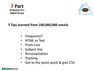 Anatomy of a
GREAT Email
7 Part
• Frequency?
• HTML vs Text
• From Line
• Subject line
• Personalization
• Tracking
• Get to the point quick & give CTA
7 Tips learned from 100,000,000 emails
 